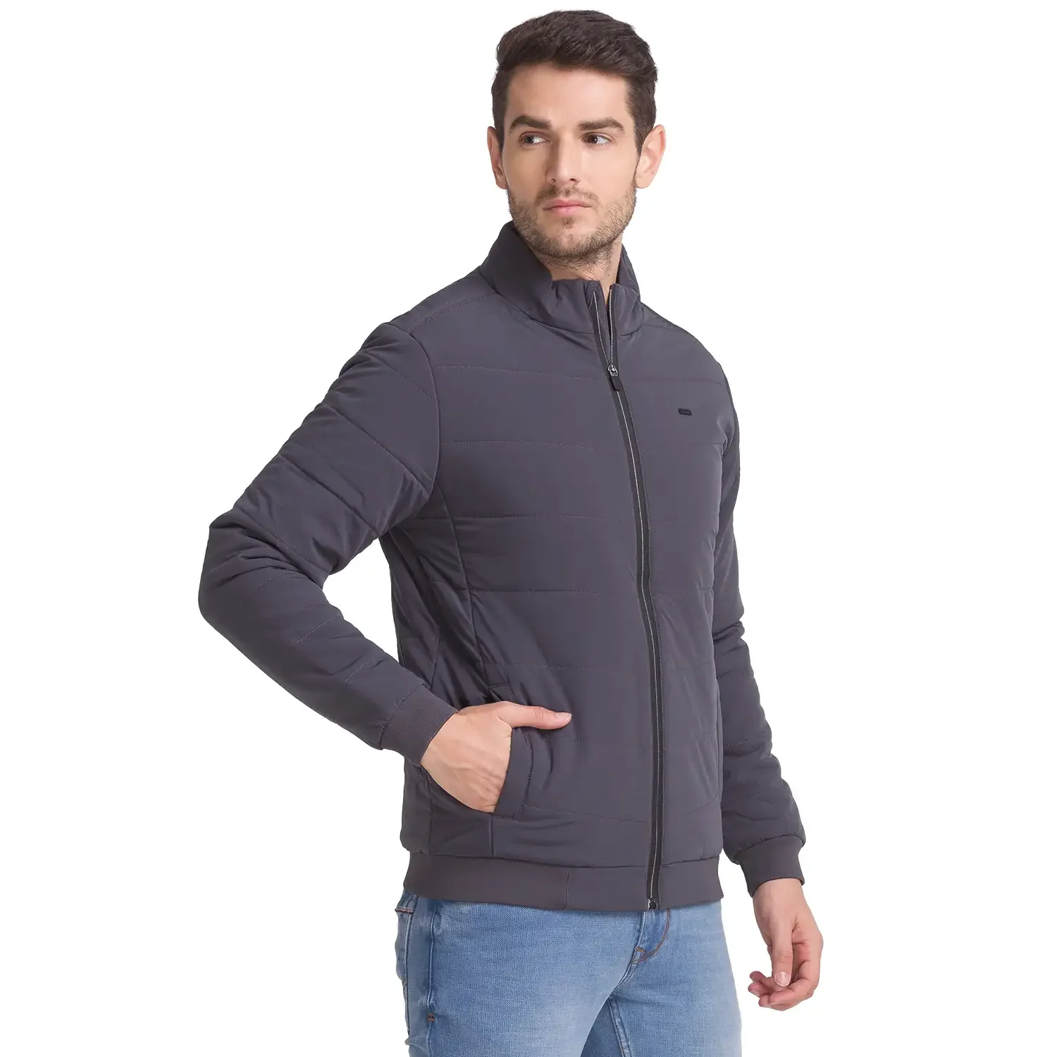 Men Grey Solid Polyester Full Sleeve Jackets - Image 2