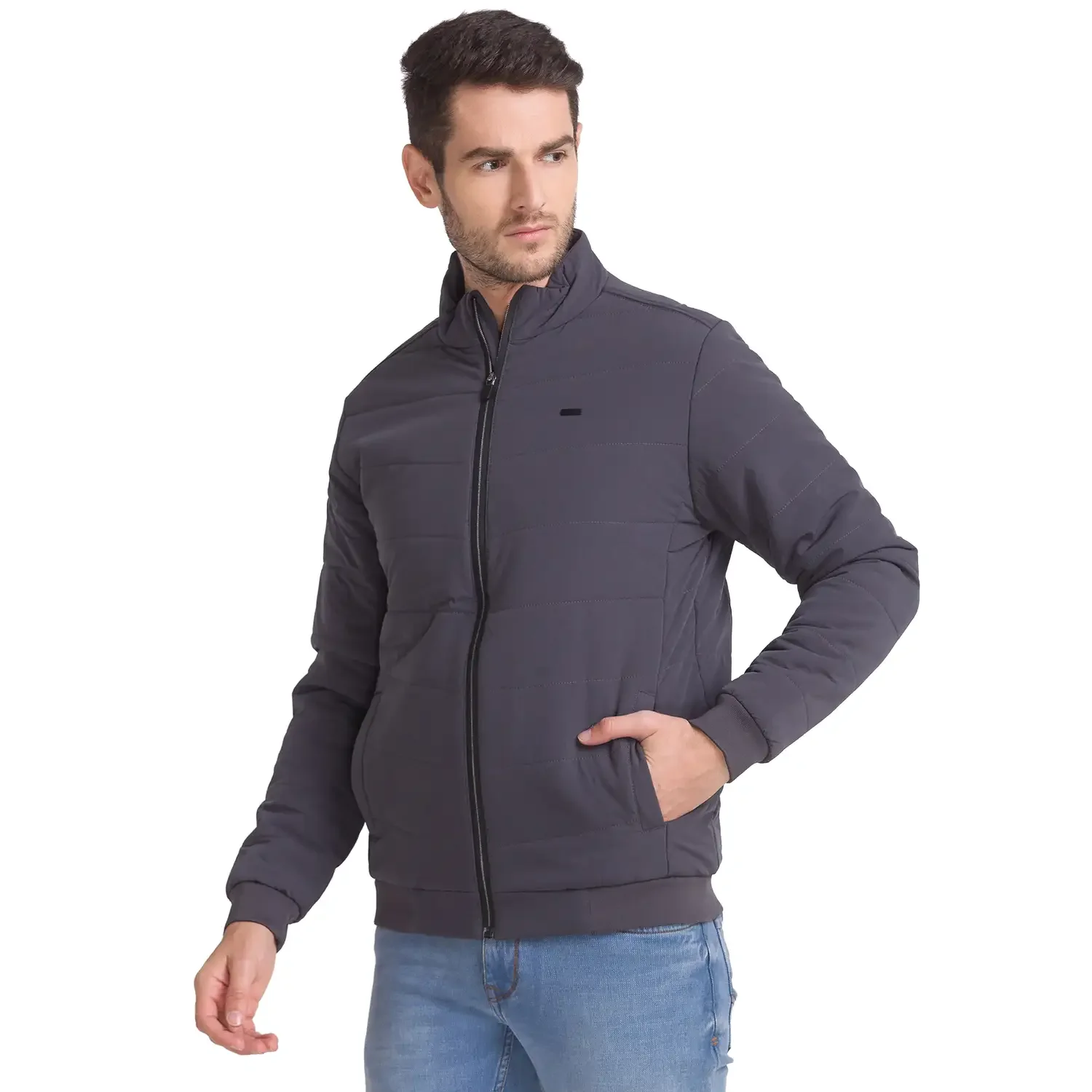 Men Grey Solid Polyester Full Sleeve Jackets - Image 3