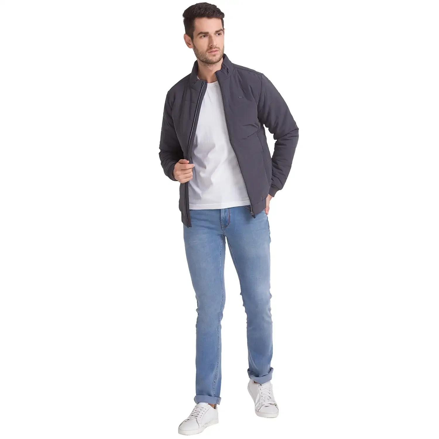 Men Grey Solid Polyester Full Sleeve Jackets - Image 5
