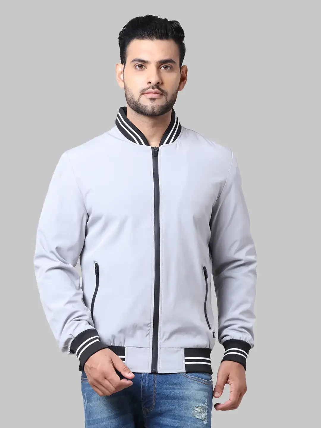 Men Grey Solid Polyester Full Sleeve Jackets
