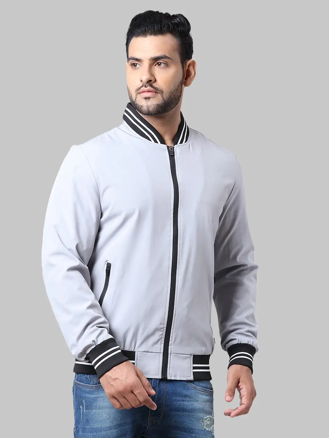 Men Grey Solid Polyester Full Sleeve Jackets - Image 2