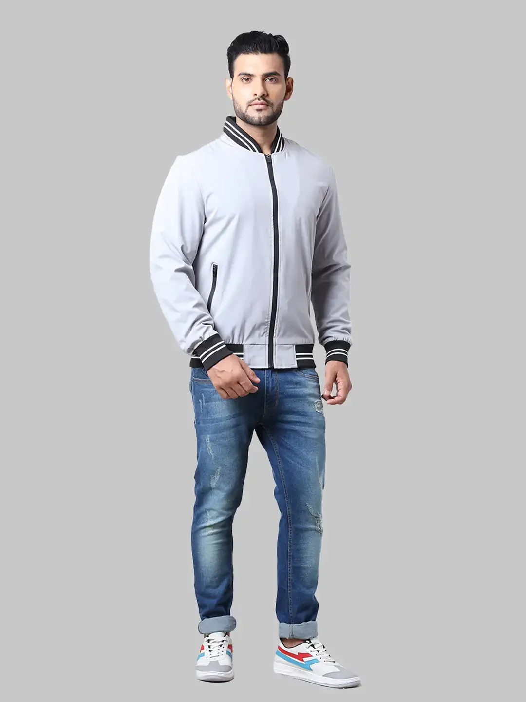 Men Grey Solid Polyester Full Sleeve Jackets - Image 5