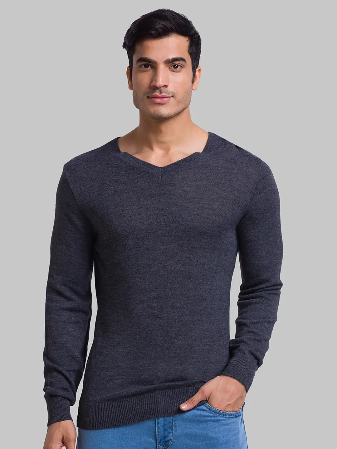 Men Grey Solid Wool Blend Full Sleeve Sweaters
