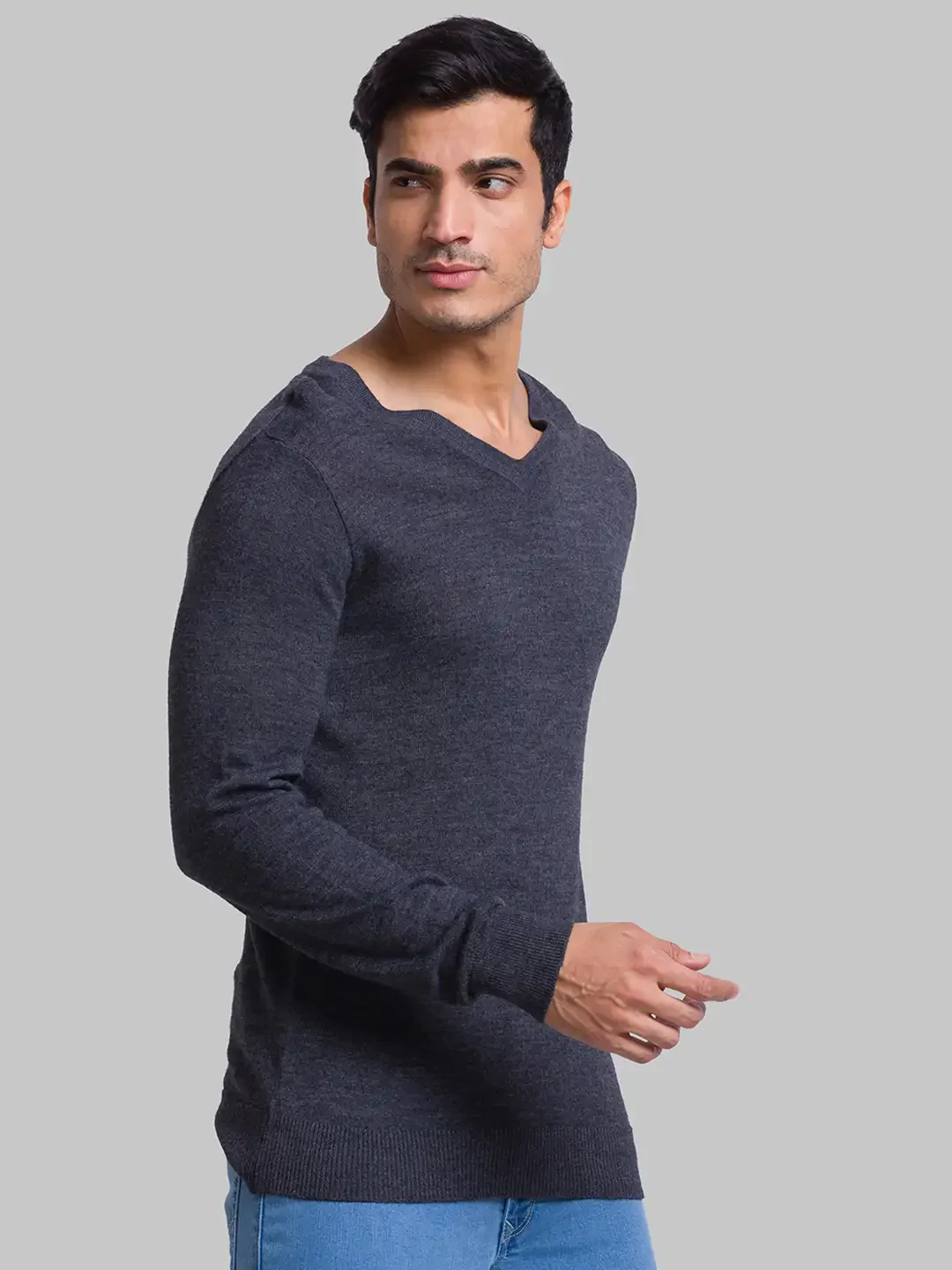 Men Grey Solid Wool Blend Full Sleeve Sweaters - Image 2