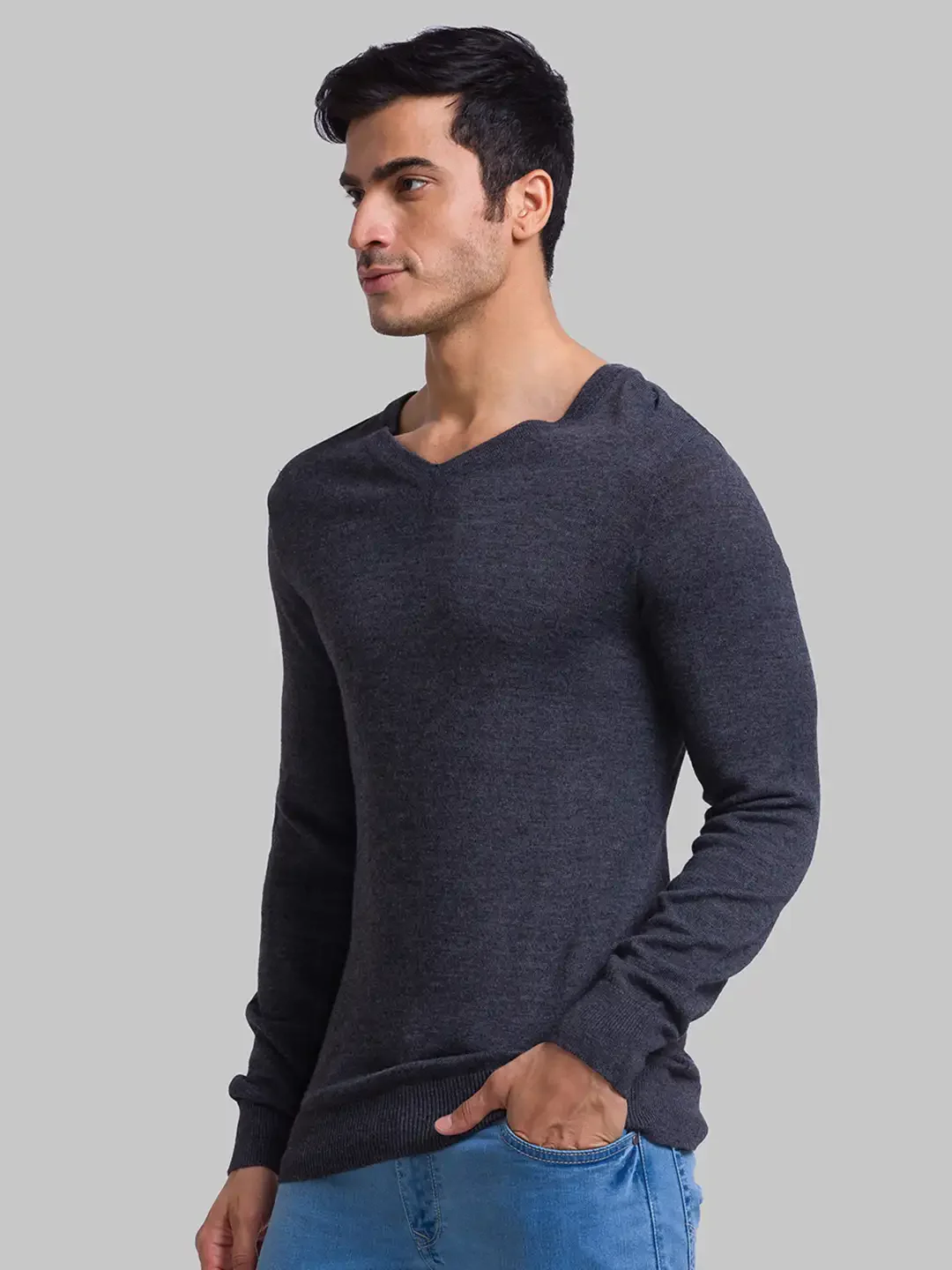 Men Grey Solid Wool Blend Full Sleeve Sweaters - Image 3