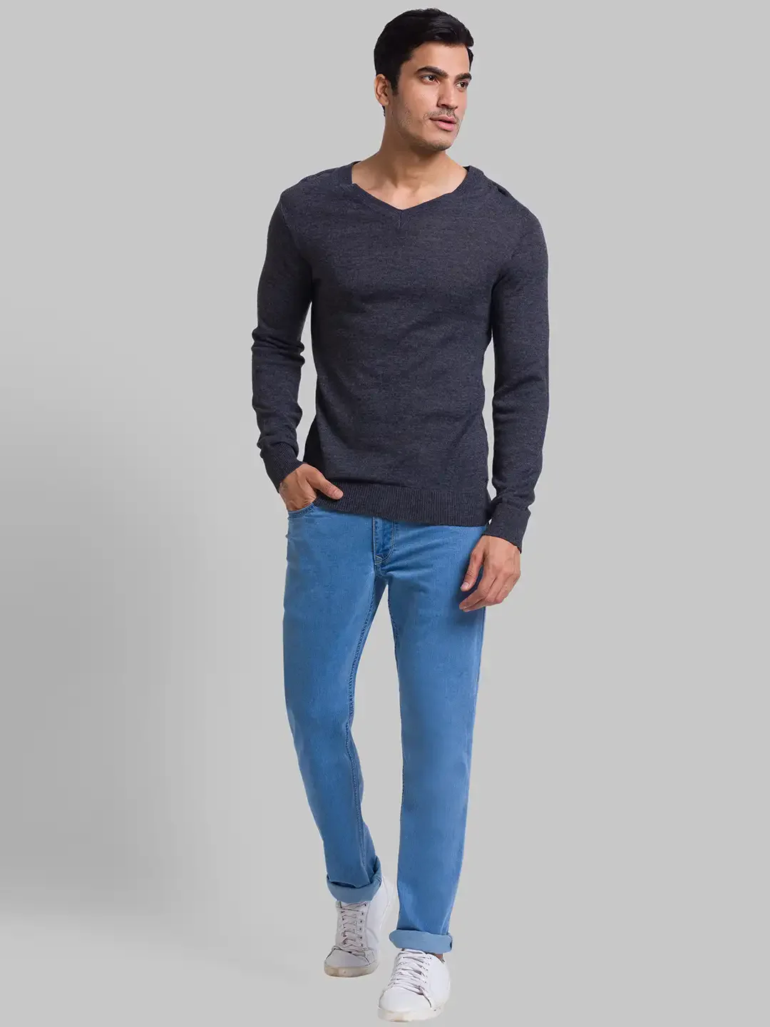 Men Grey Solid Wool Blend Full Sleeve Sweaters - Image 5