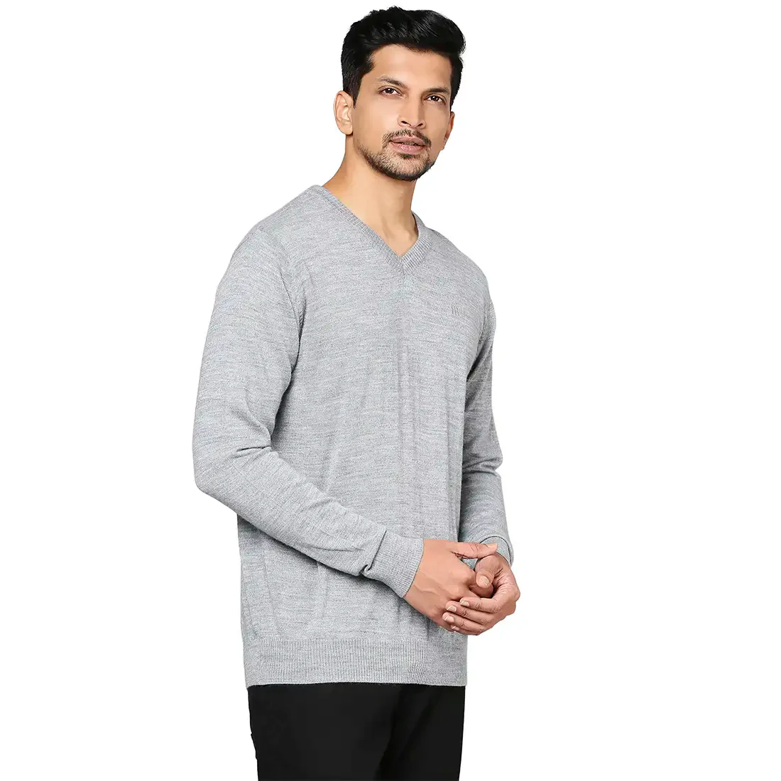 Men Grey Solid Wool Blend Full Sleeve V Neck Collar Sweaters - Image 2