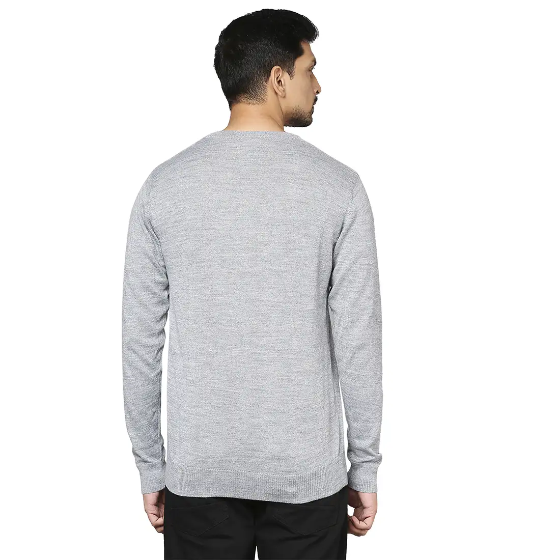 Men Grey Solid Wool Blend Full Sleeve V Neck Collar Sweaters - Image 4
