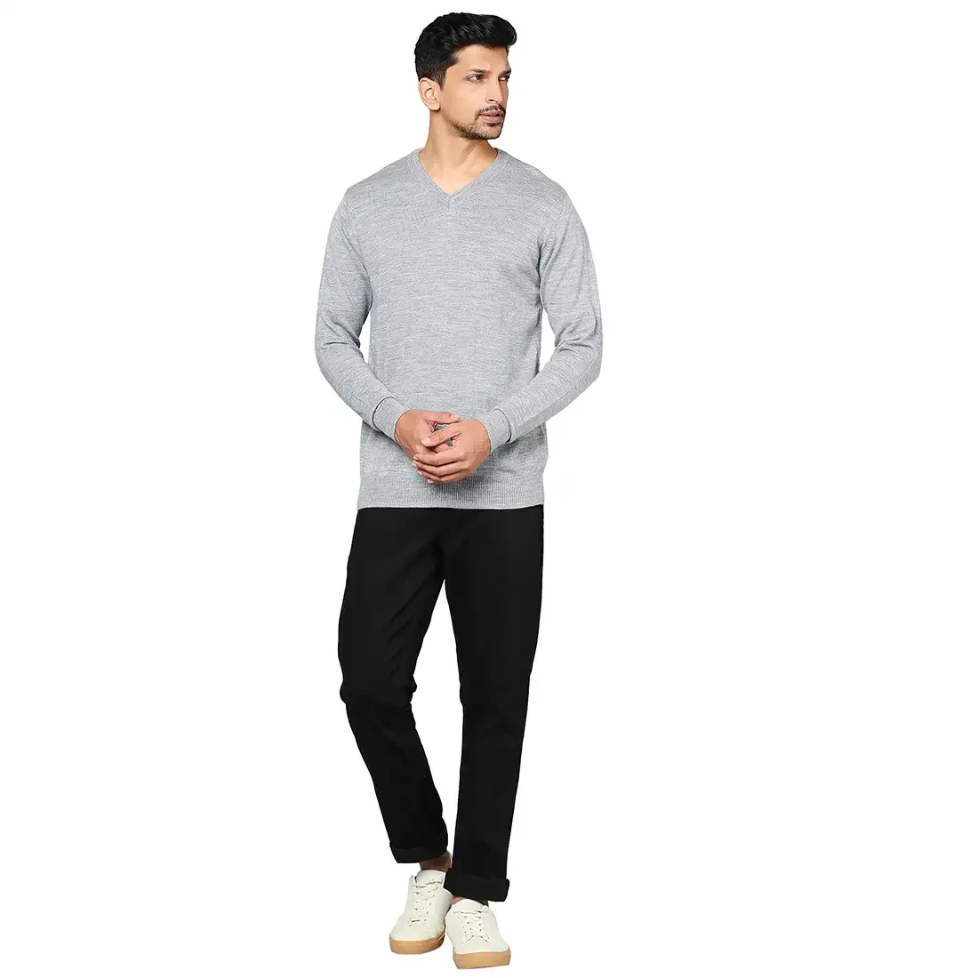 Men Grey Solid Wool Blend Full Sleeve V Neck Collar Sweaters - Image 5