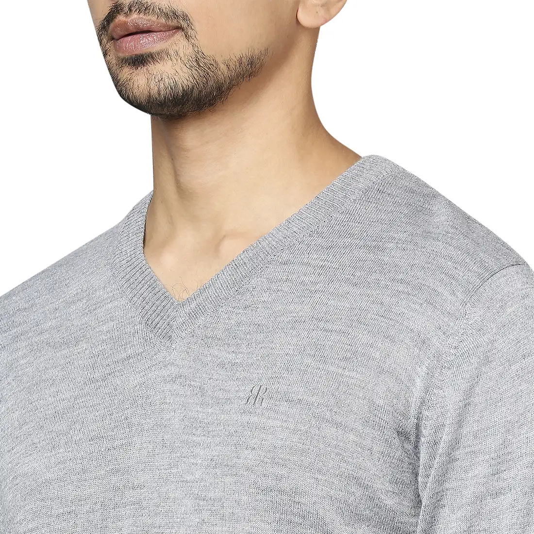 Men Grey Solid Wool Blend Full Sleeve V Neck Collar Sweaters - Image 6