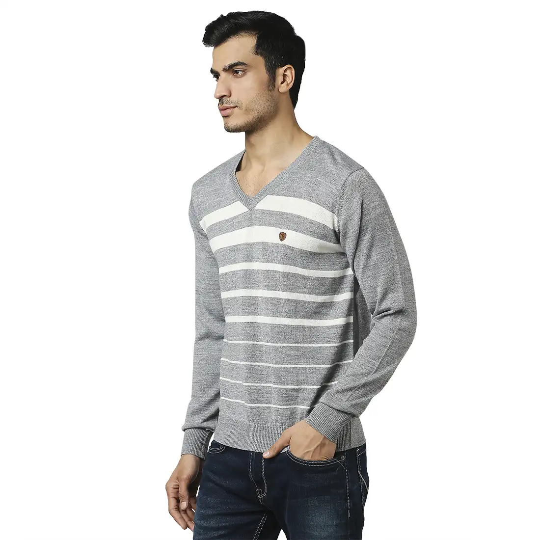 Men Grey Stripe Acrylic Wool Blend Full Sleeve V Neck Collar Sweaters - Image 3
