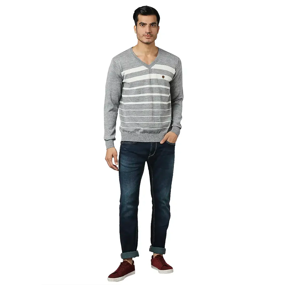Men Grey Stripe Acrylic Wool Blend Full Sleeve V Neck Collar Sweaters - Image 5
