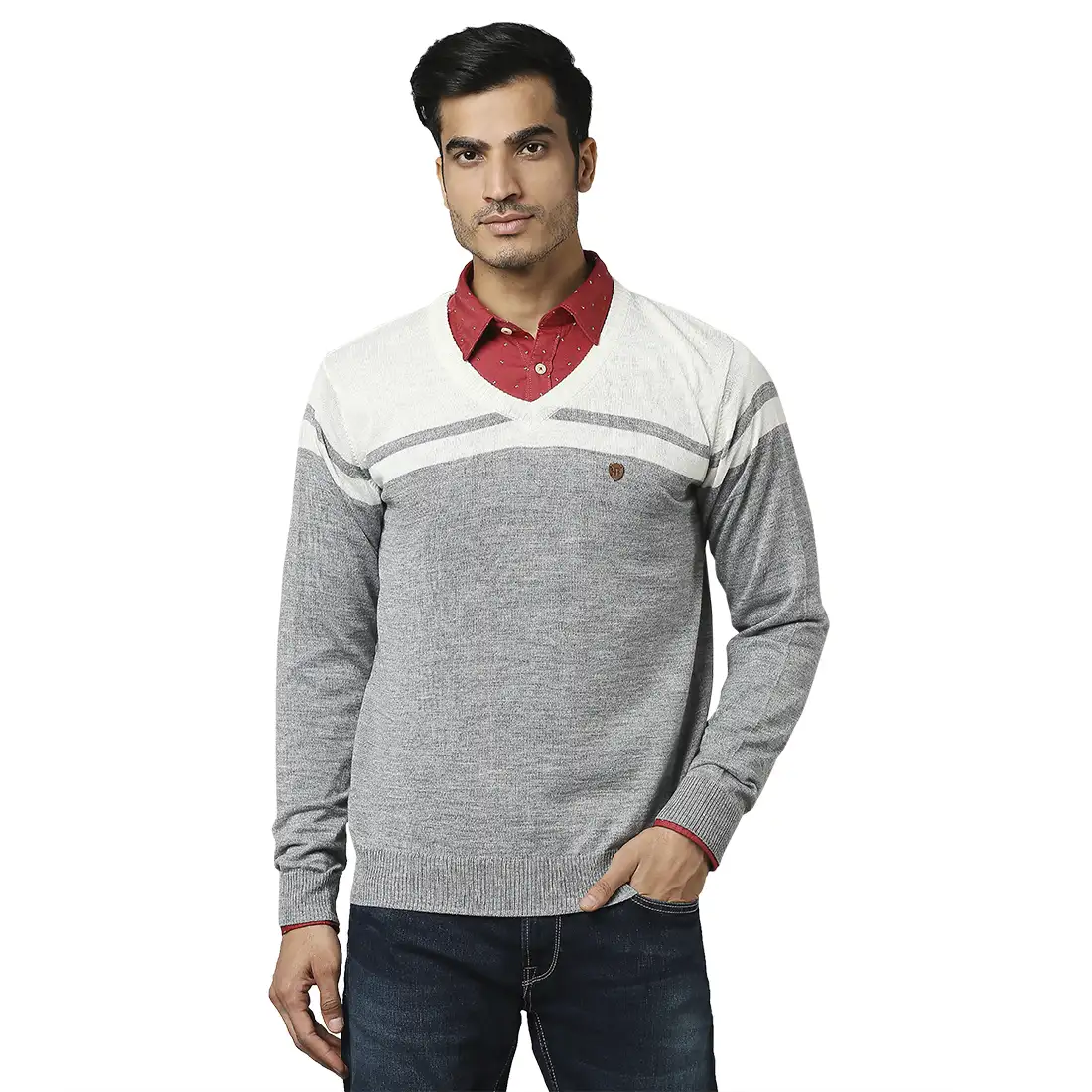 Men Grey Stripe Acrylic Wool Blend Full Sleeve V Neck Collar Sweaters
