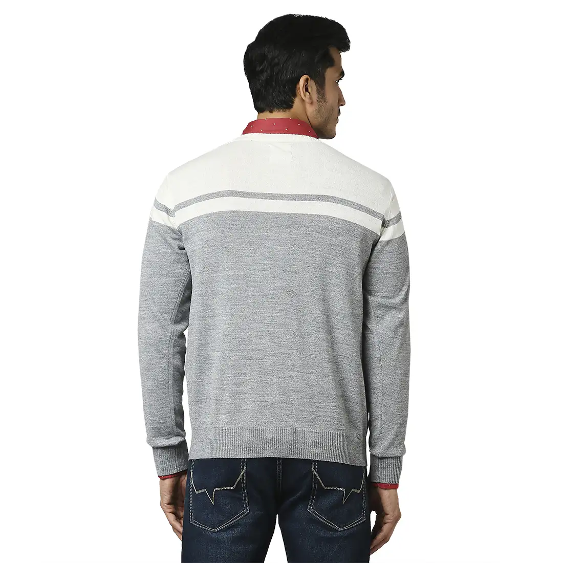 Men Grey Stripe Acrylic Wool Blend Full Sleeve V Neck Collar Sweaters - Image 4