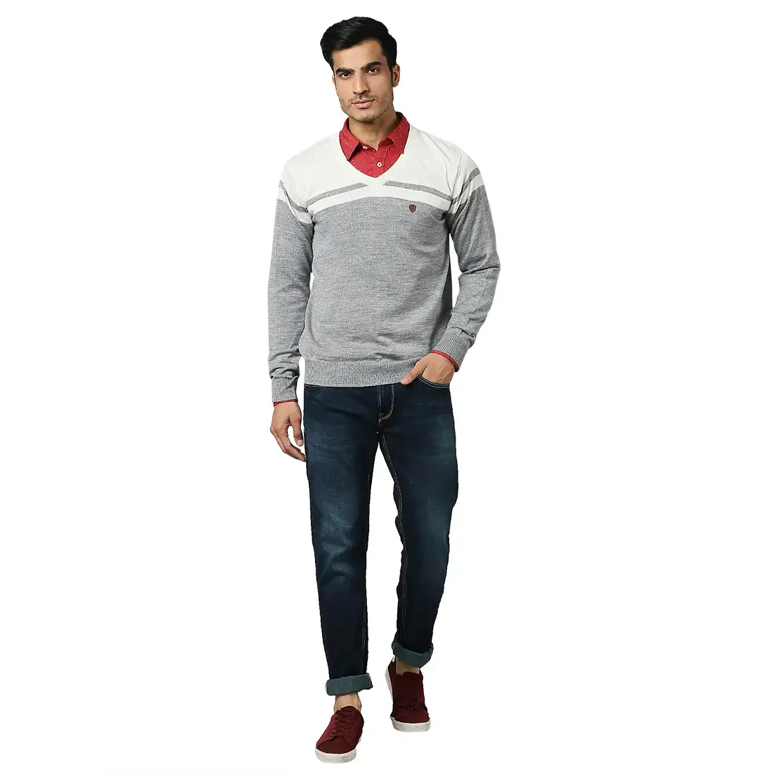 Men Grey Stripe Acrylic Wool Blend Full Sleeve V Neck Collar Sweaters - Image 5