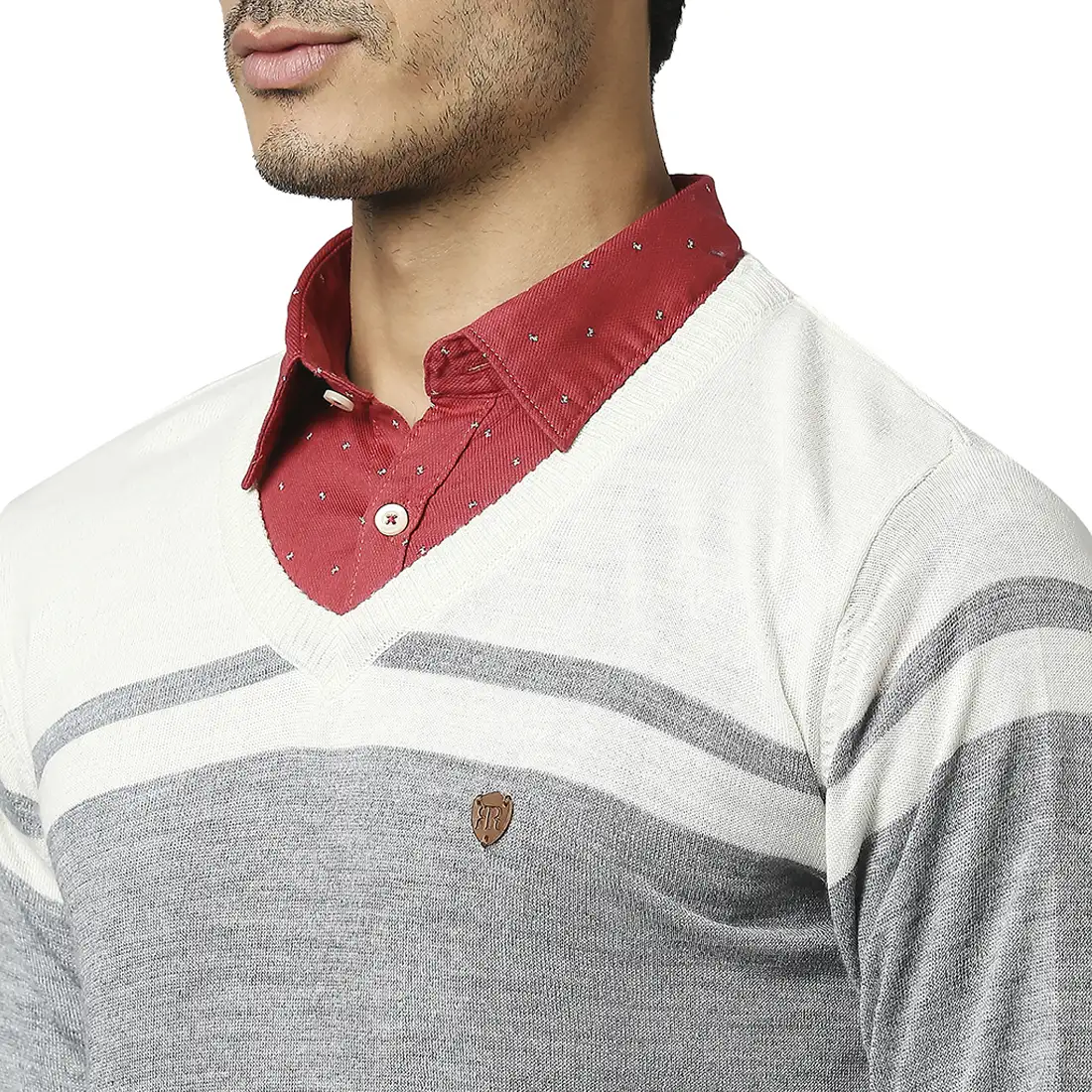 Men Grey Stripe Acrylic Wool Blend Full Sleeve V Neck Collar Sweaters - Image 6