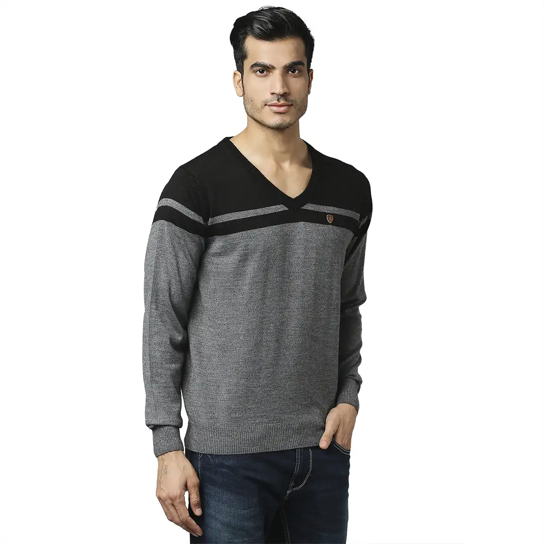 Men Grey Stripe Acrylic Wool Blend Full Sleeve V Neck Collar Sweaters - Image 2