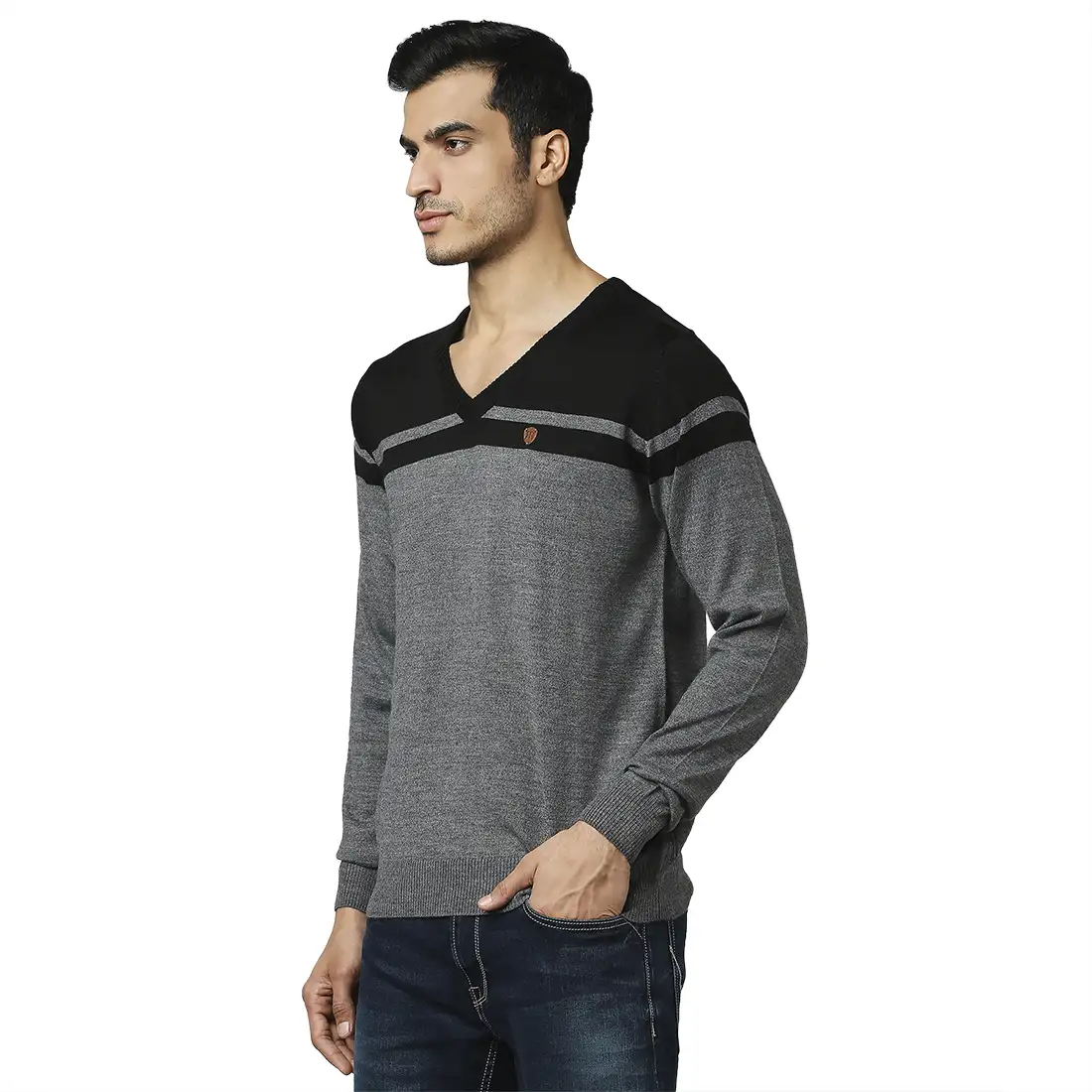 Men Grey Stripe Acrylic Wool Blend Full Sleeve V Neck Collar Sweaters - Image 3