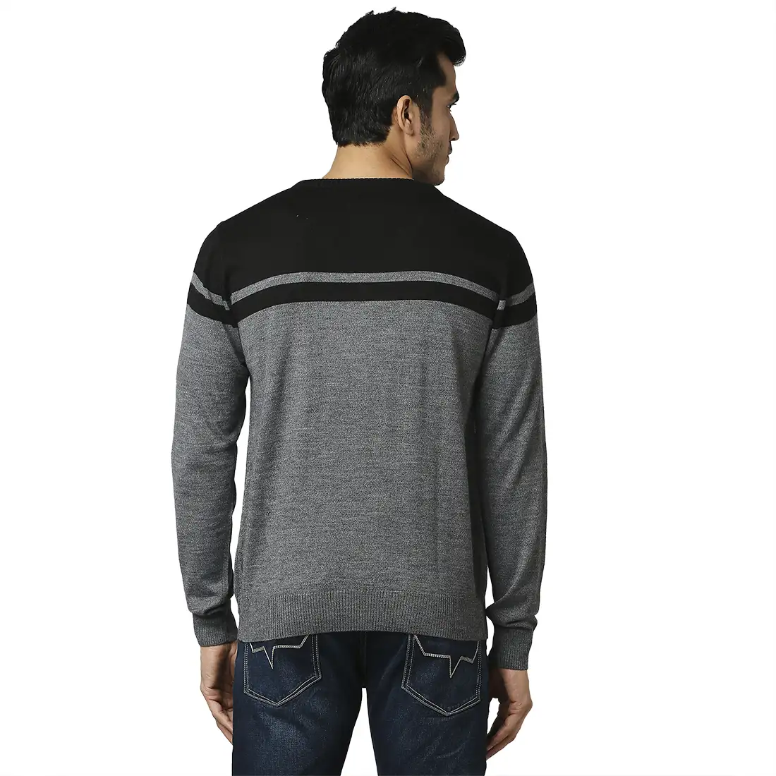 Men Grey Stripe Acrylic Wool Blend Full Sleeve V Neck Collar Sweaters - Image 4