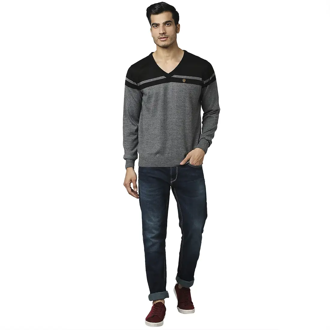 Men Grey Stripe Acrylic Wool Blend Full Sleeve V Neck Collar Sweaters - Image 5