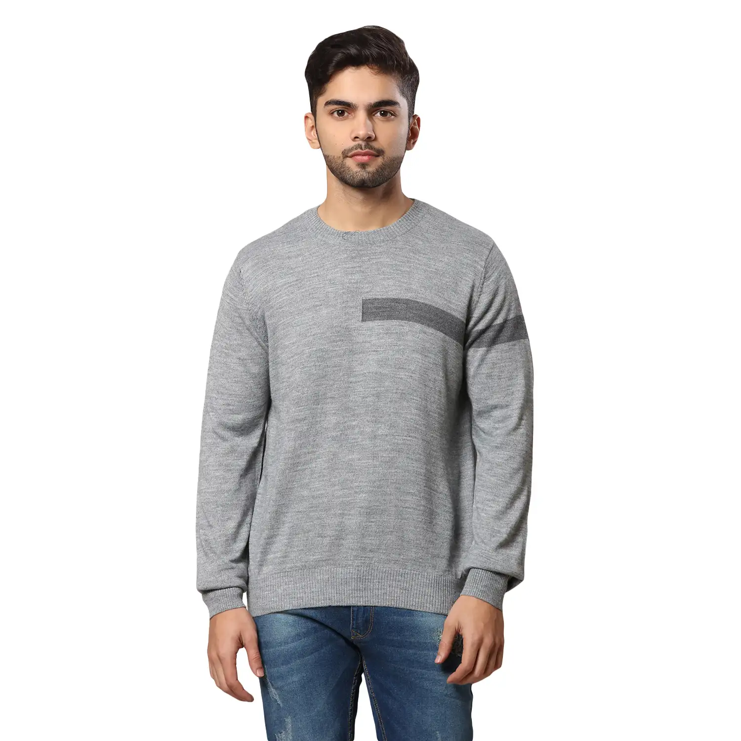 Men Grey Stripe Acrylic Wool Blend Round Collar Sweaters