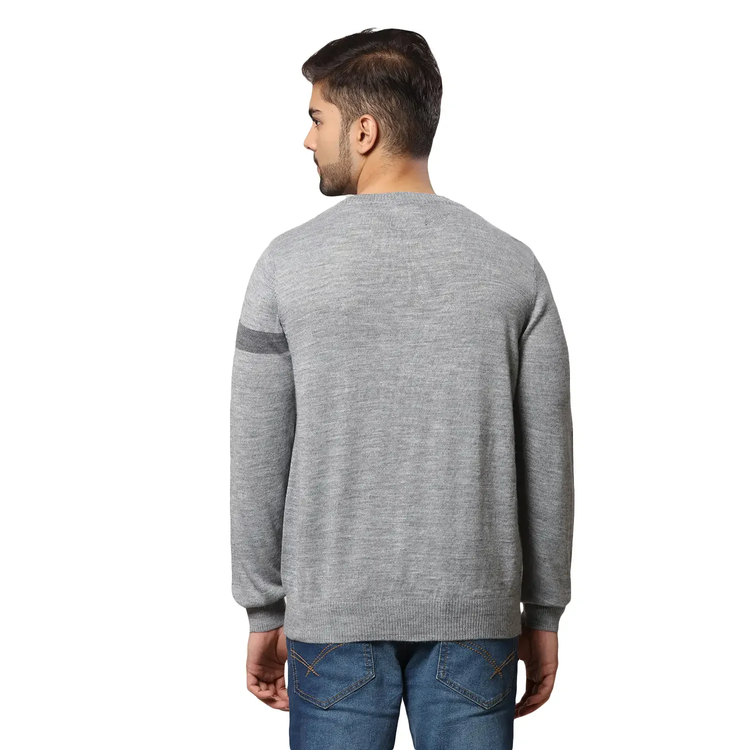 Men Grey Stripe Acrylic Wool Blend Round Collar Sweaters - Image 4