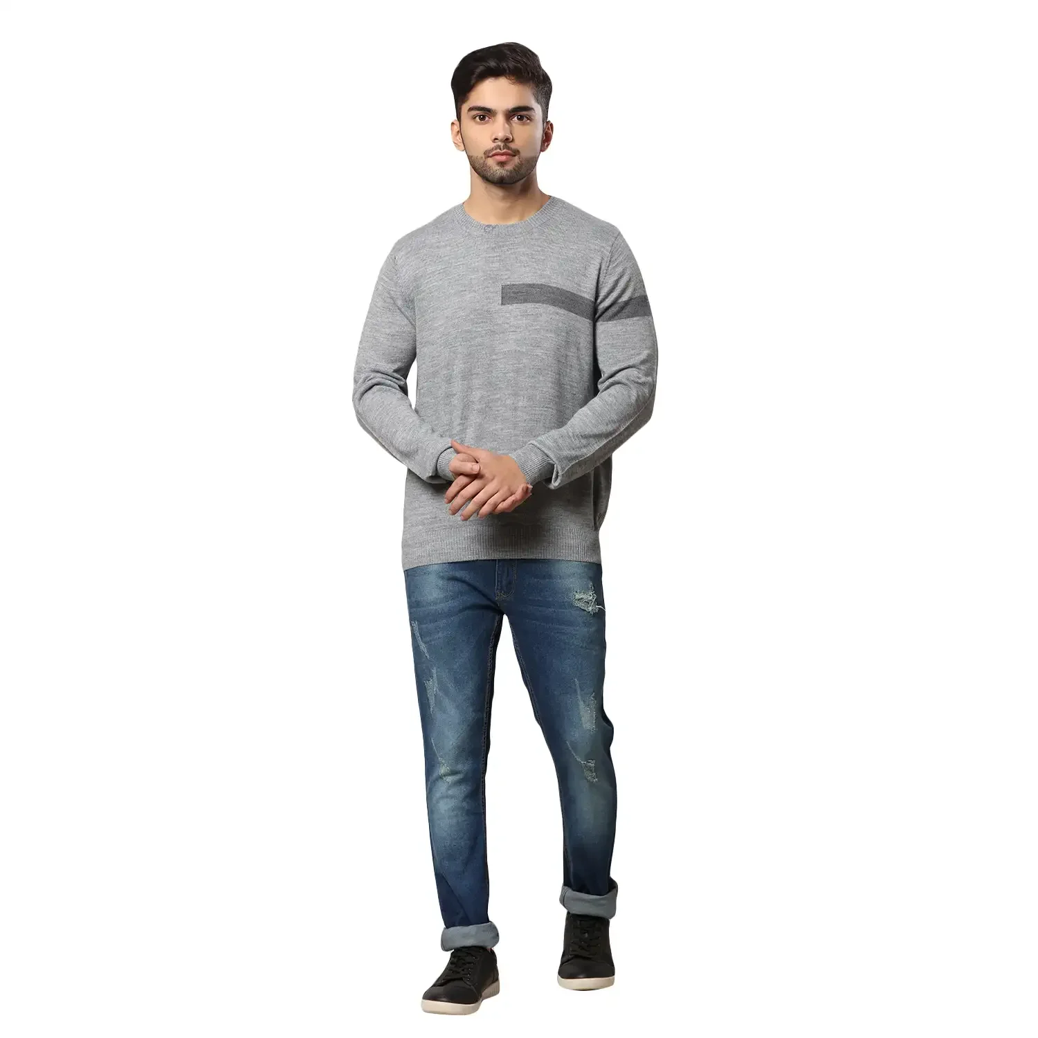 Men Grey Stripe Acrylic Wool Blend Round Collar Sweaters - Image 5