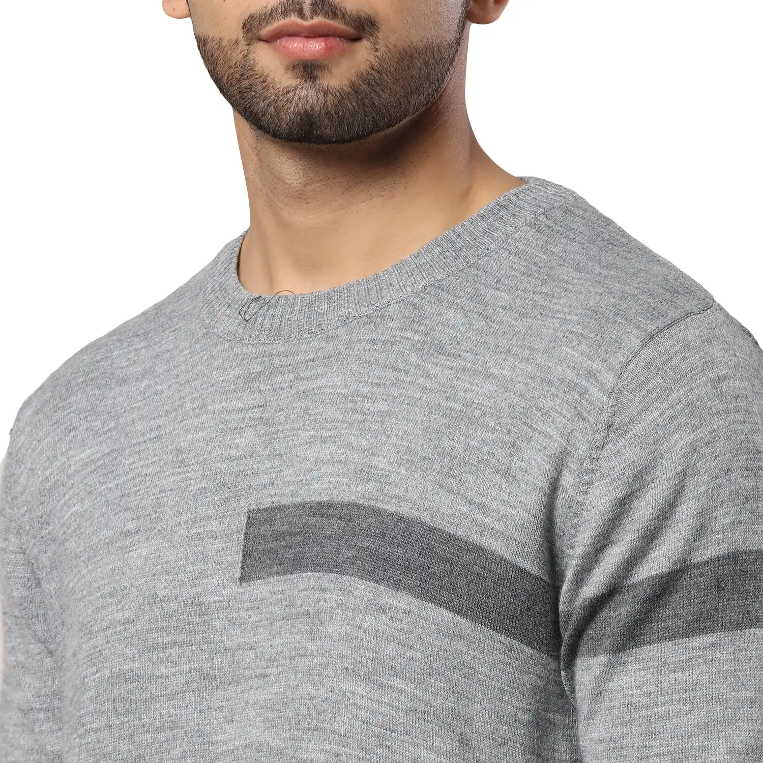 Men Grey Stripe Acrylic Wool Blend Round Collar Sweaters - Image 6