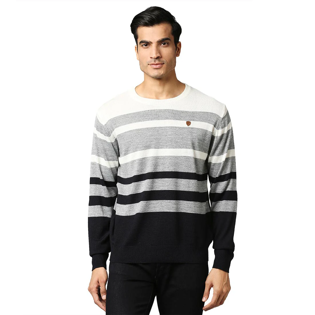 Men Grey Stripe Acrylic Wool Blend Round Collar Sweaters