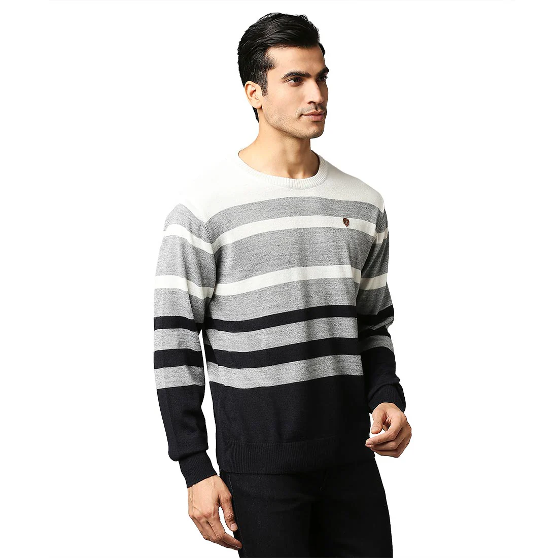 Men Grey Stripe Acrylic Wool Blend Round Collar Sweaters - Image 2