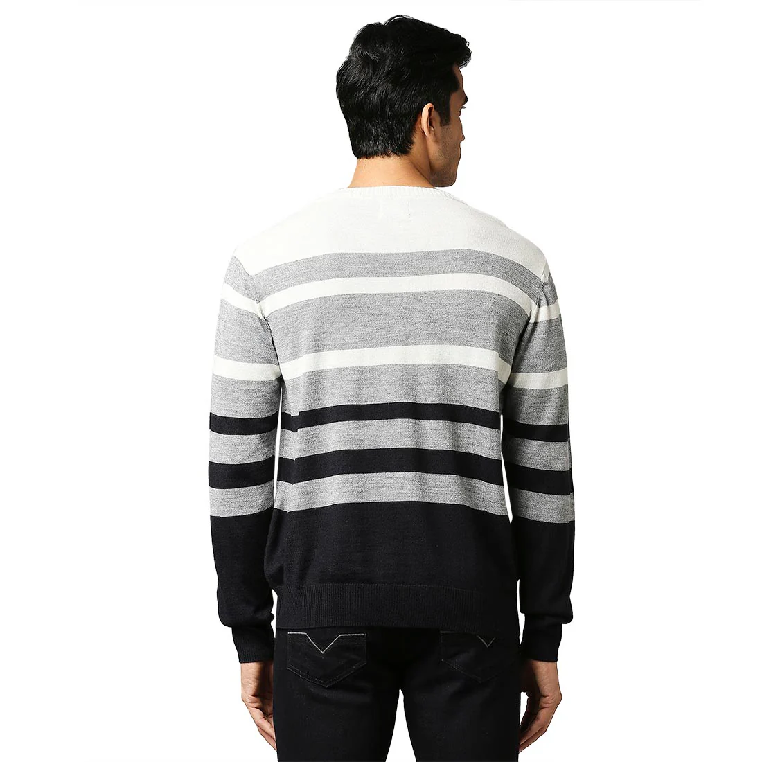 Men Grey Stripe Acrylic Wool Blend Round Collar Sweaters - Image 4
