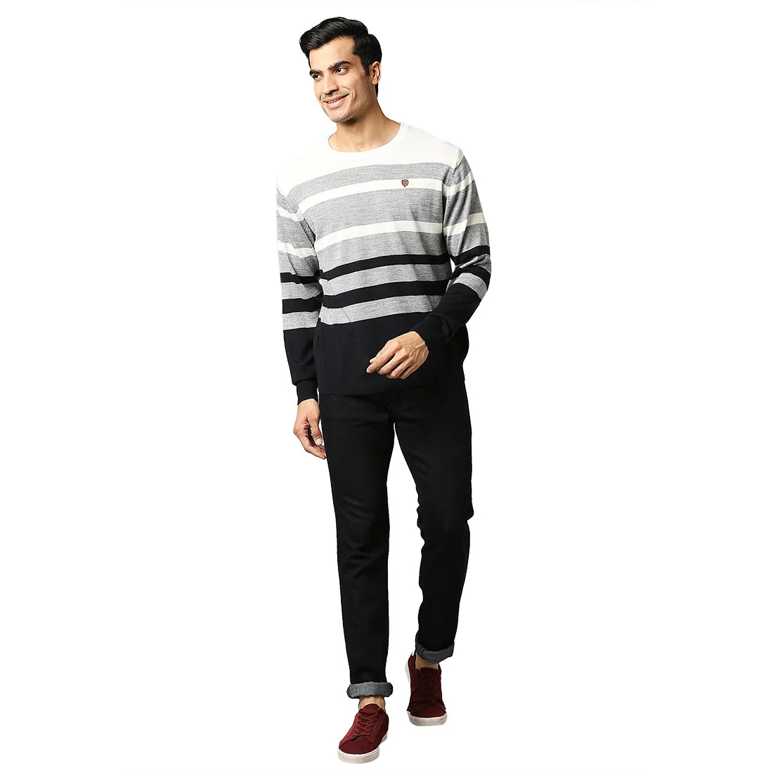 Men Grey Stripe Acrylic Wool Blend Round Collar Sweaters - Image 5