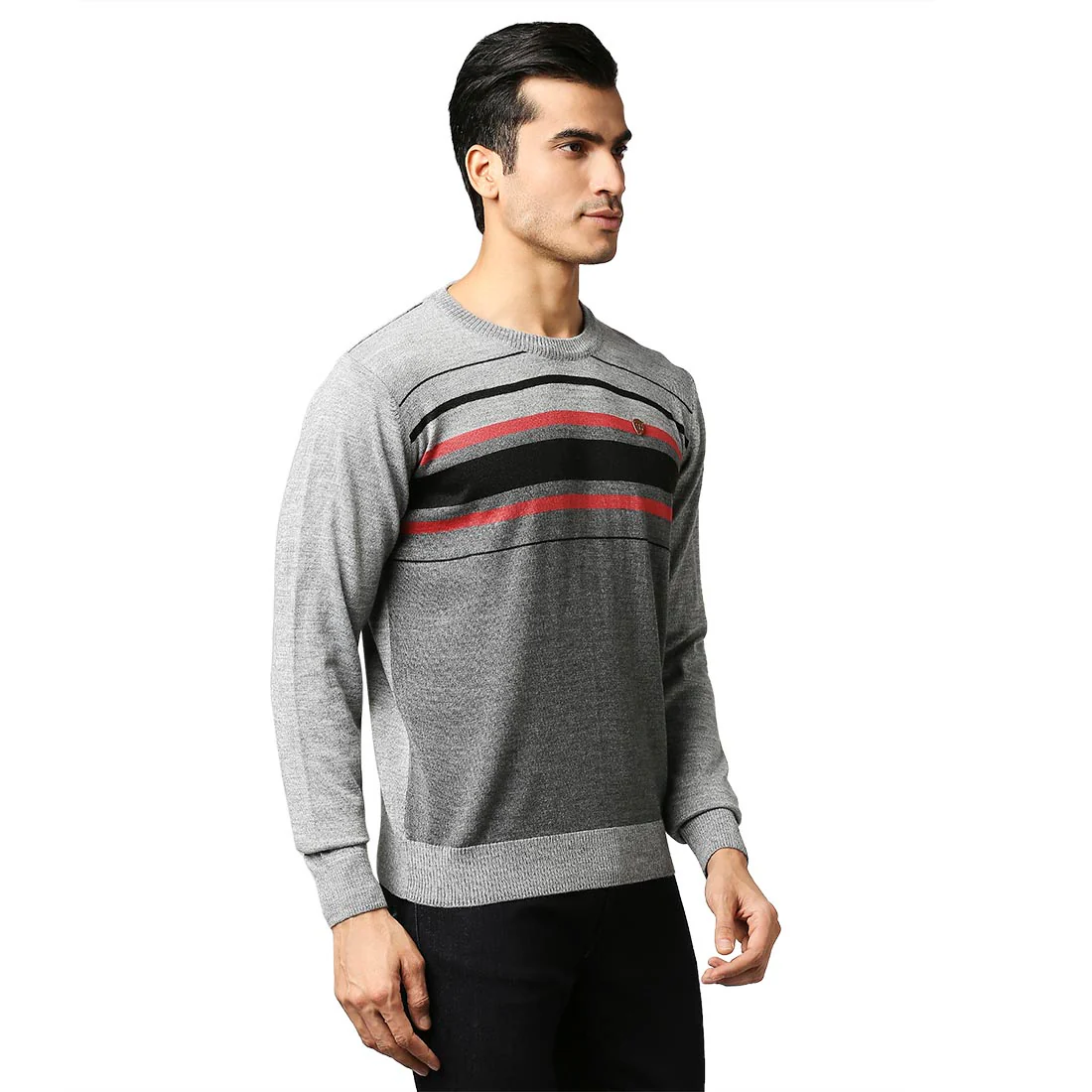 Men Grey Stripe Acrylic Wool Blend Round Collar Sweaters - Image 2