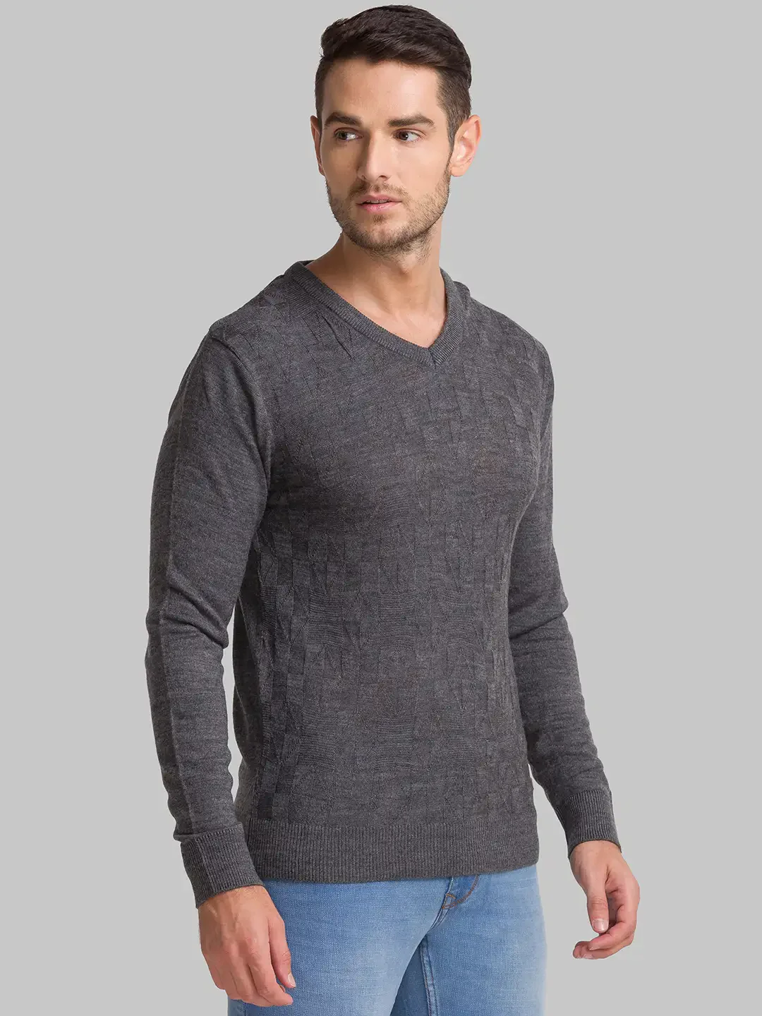 Men Grey Structure Acrylic Full Sleeve Sweaters - Image 2