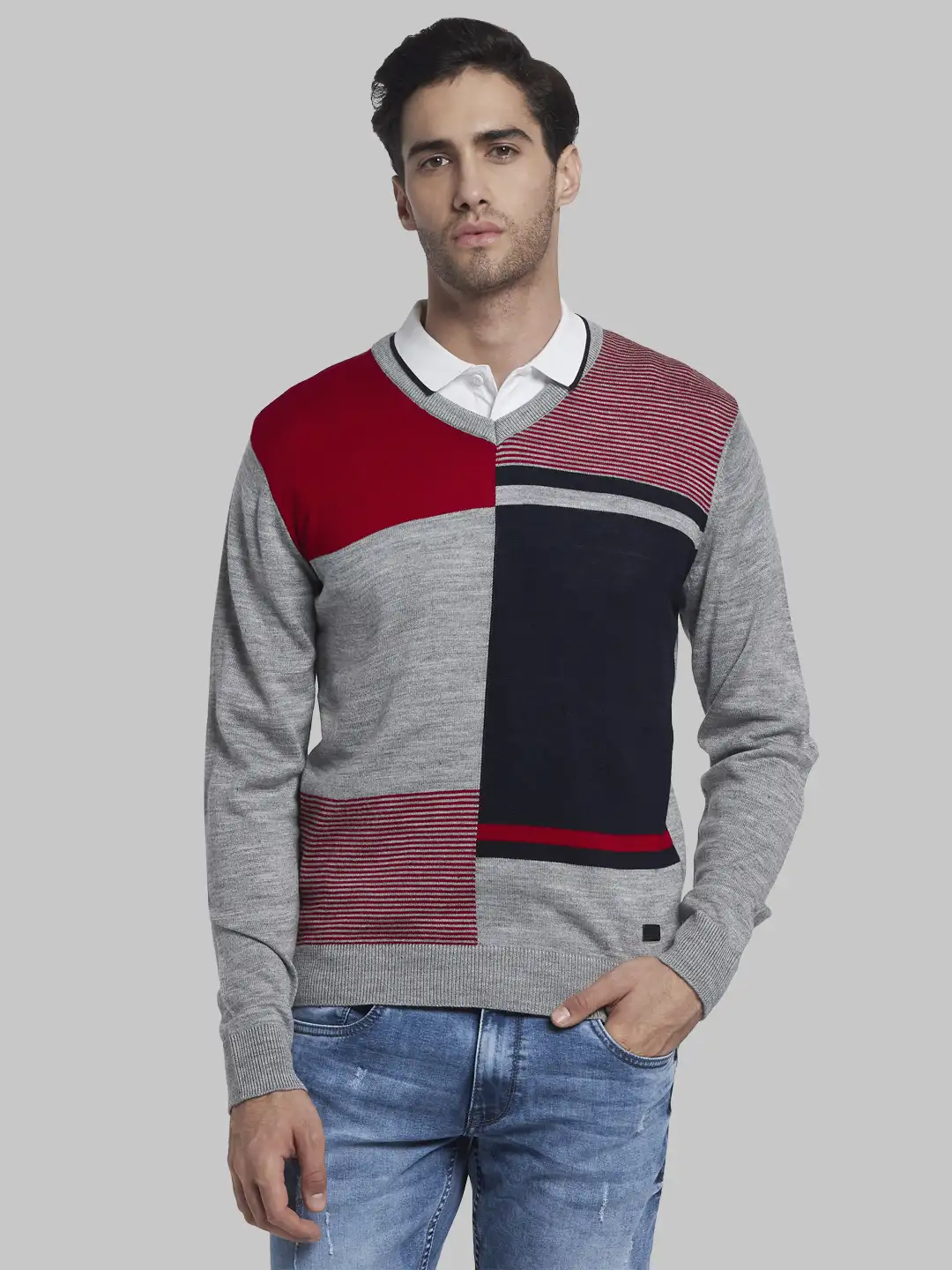 Men Grey Structure Acrylic Full Sleeve Sweaters