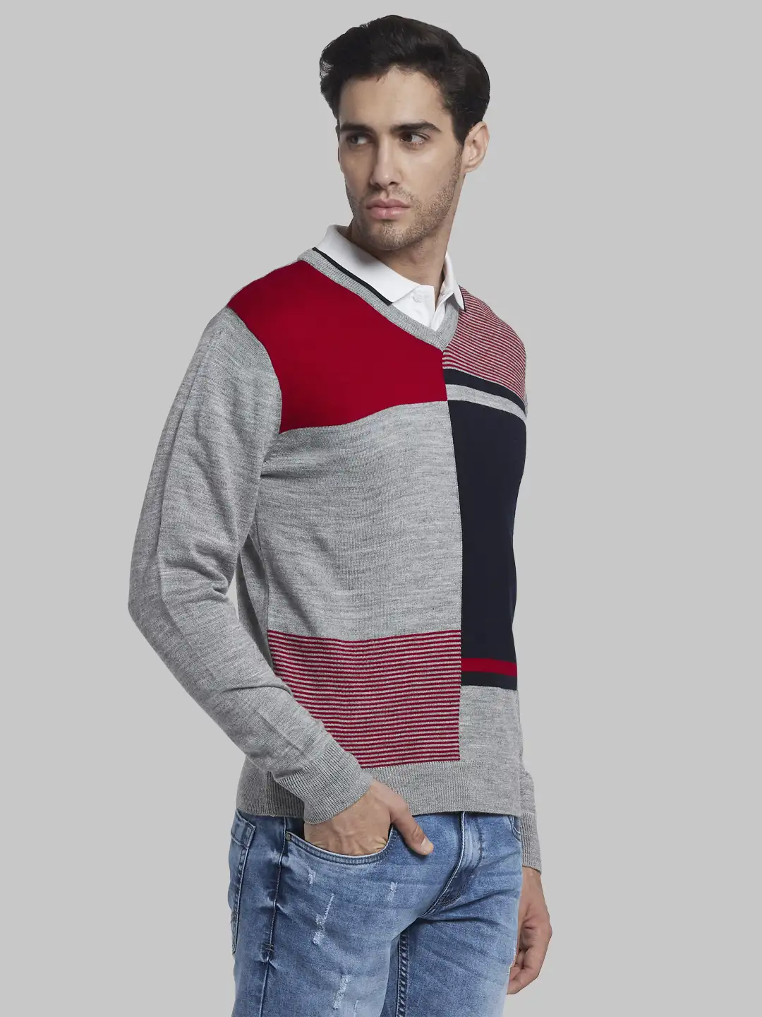 Men Grey Structure Acrylic Full Sleeve Sweaters - Image 2