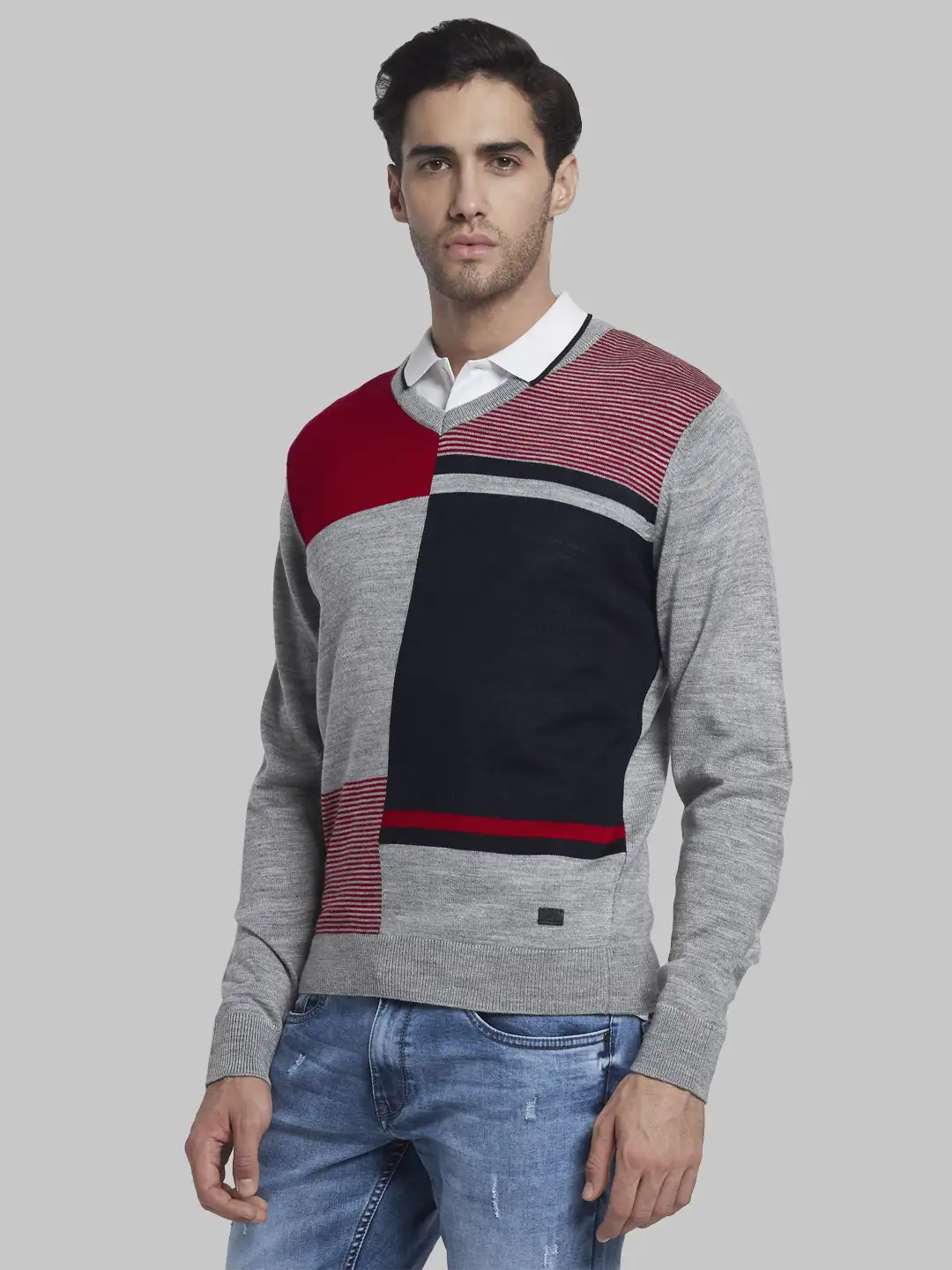 Men Grey Structure Acrylic Full Sleeve Sweaters - Image 3