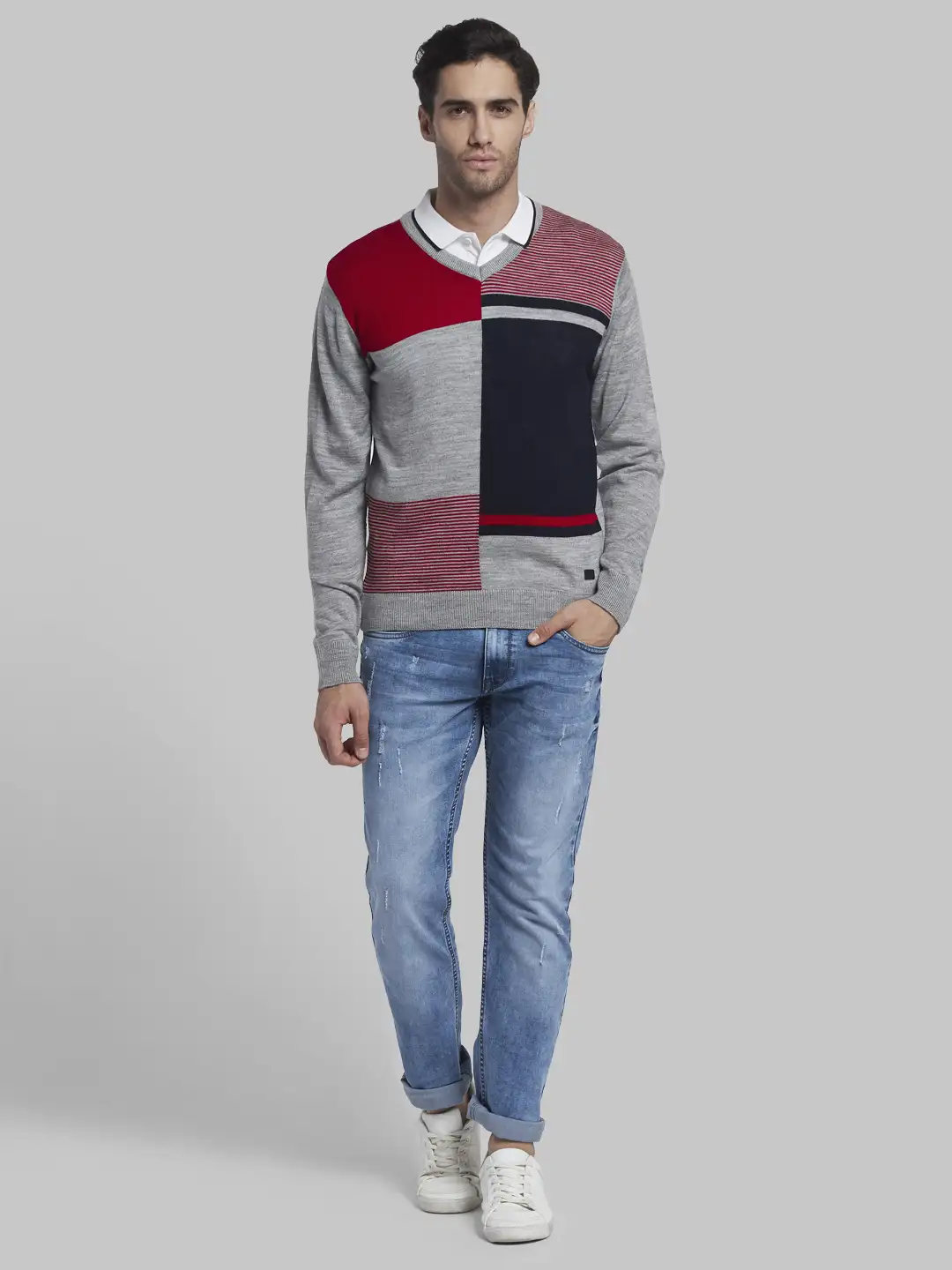 Men Grey Structure Acrylic Full Sleeve Sweaters - Image 5