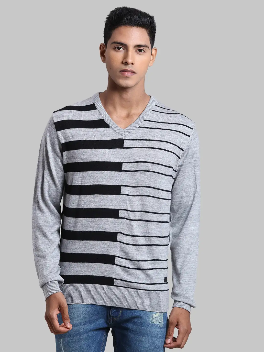 Men Grey Structure Acrylic Full Sleeve Sweaters