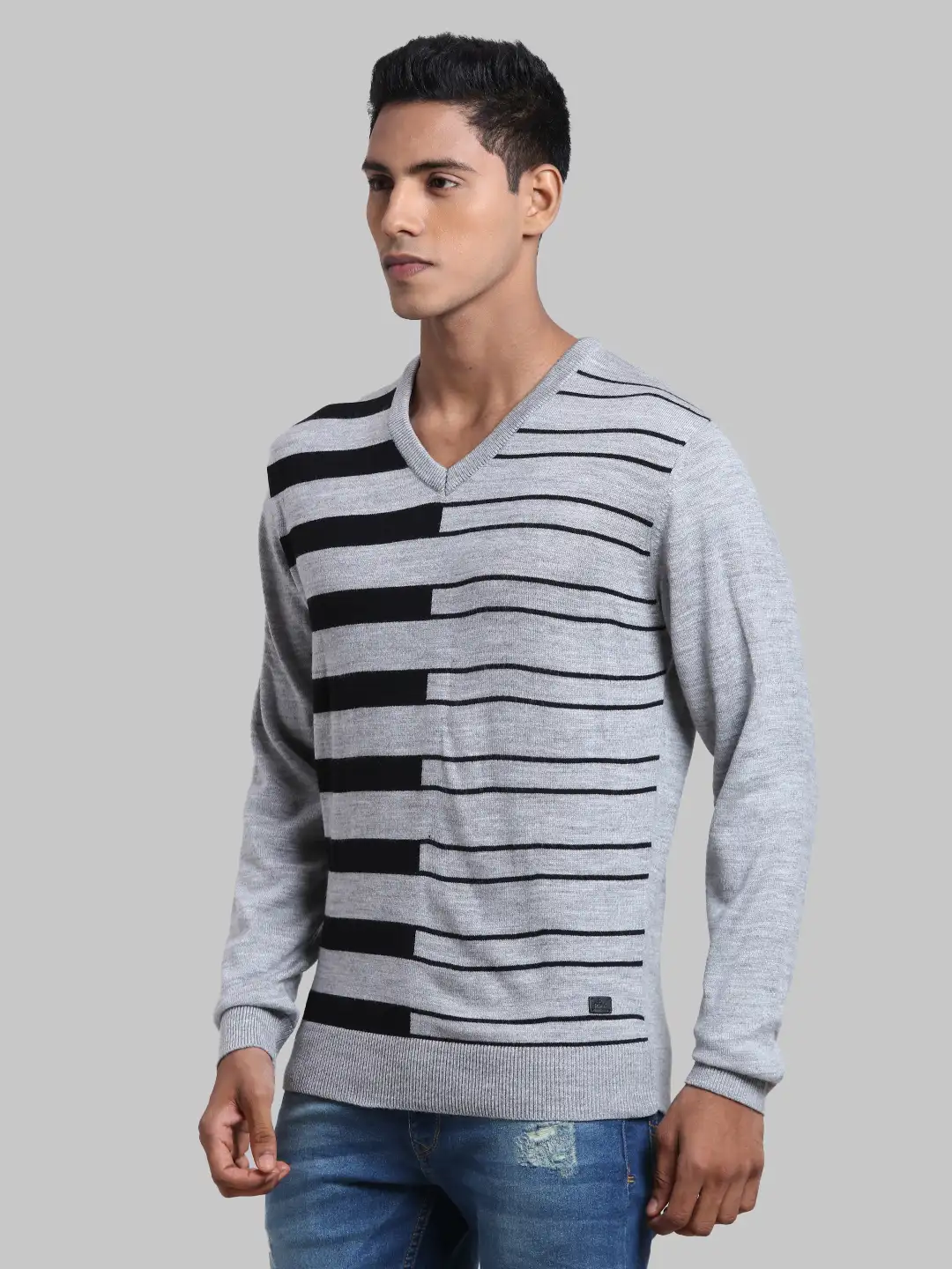 Men Grey Structure Acrylic Full Sleeve Sweaters - Image 3