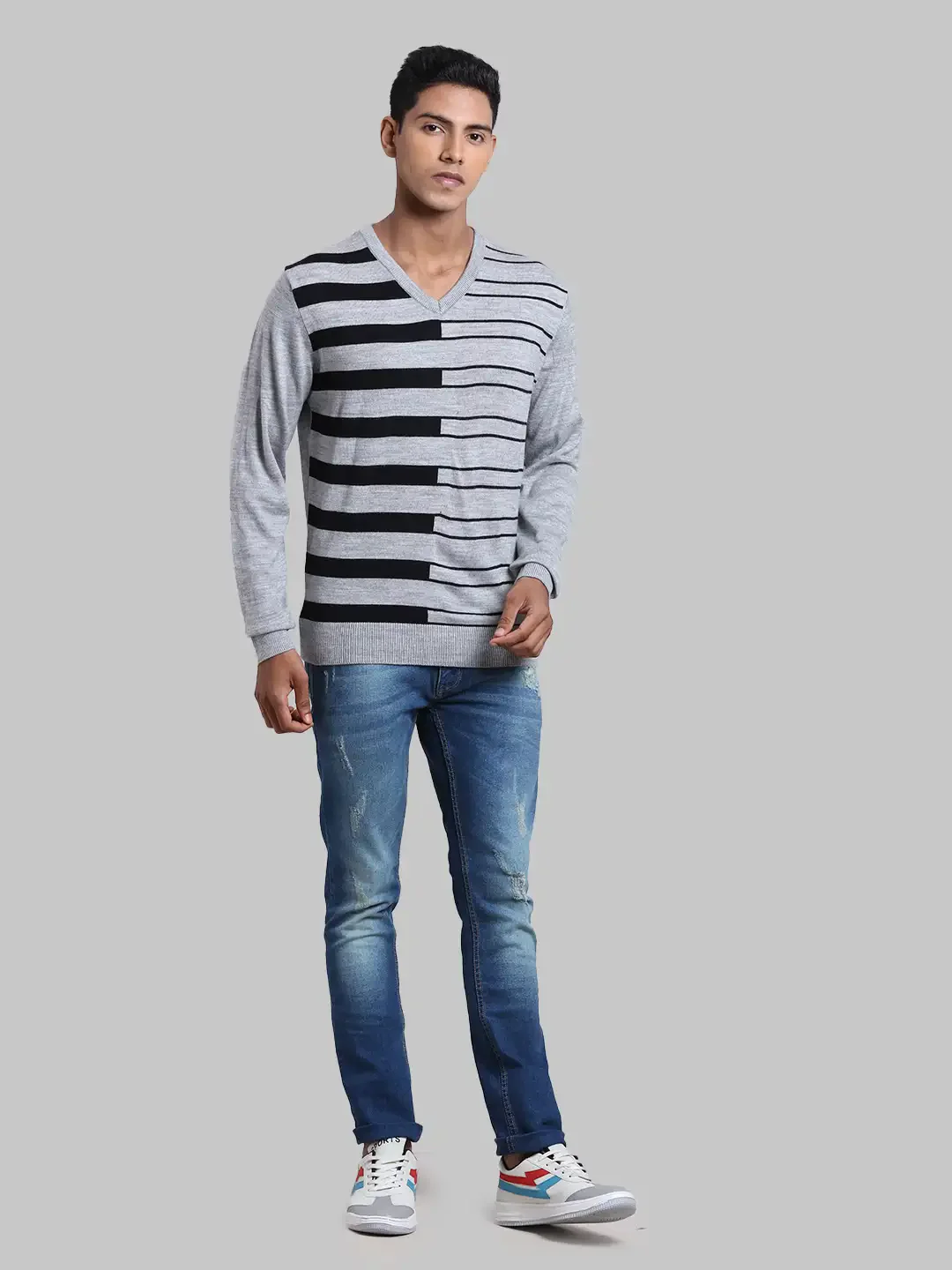 Men Grey Structure Acrylic Full Sleeve Sweaters - Image 5