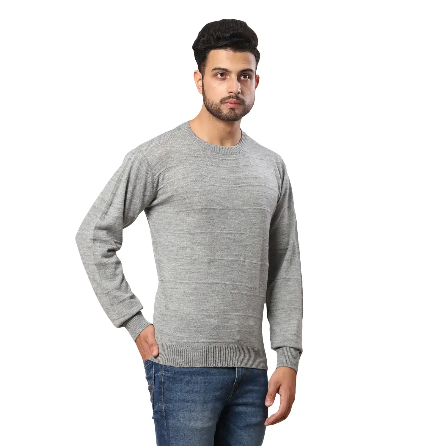 Men Grey Structure Cable Acrylic Wool Blend Full Sleeve V Neck Collar Sweaters - Image 2