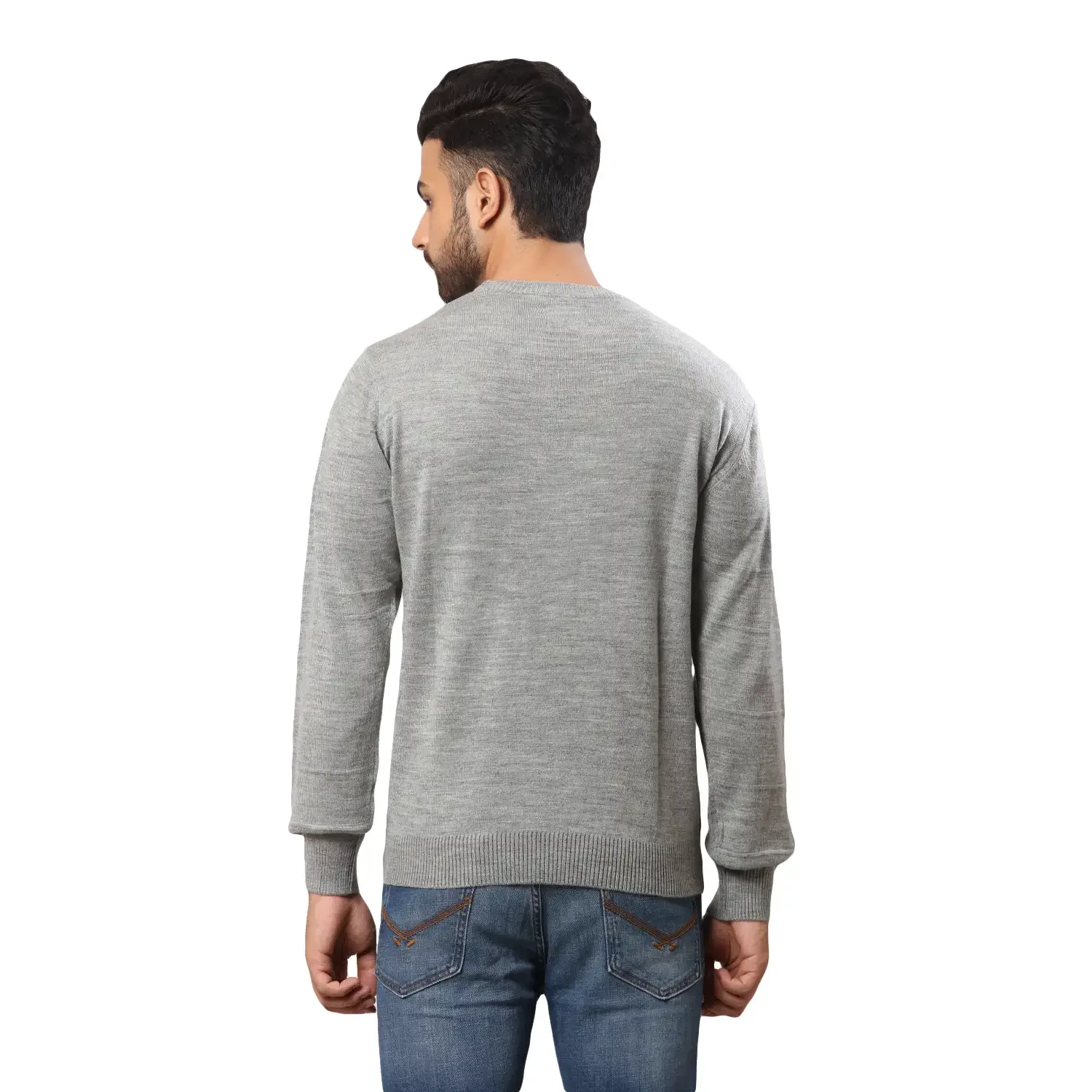 Men Grey Structure Cable Acrylic Wool Blend Full Sleeve V Neck Collar Sweaters - Image 4