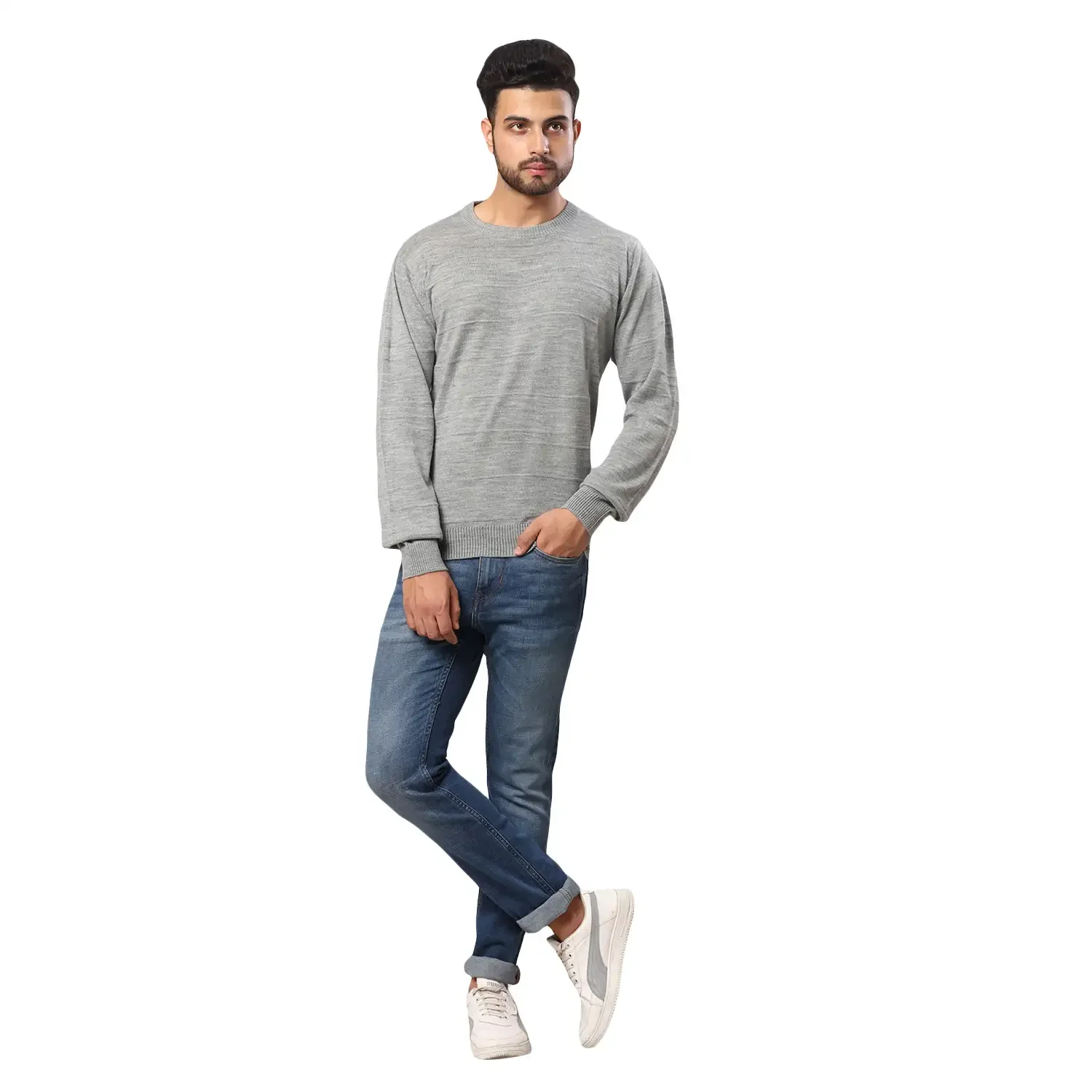 Men Grey Structure Cable Acrylic Wool Blend Full Sleeve V Neck Collar Sweaters - Image 5