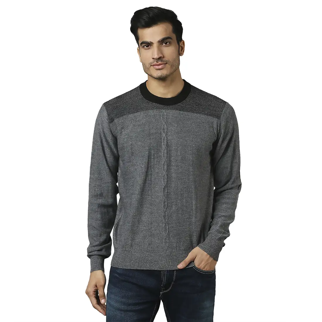 Men Grey Structure Cable Acrylic Wool Blend Round Collar Sweaters