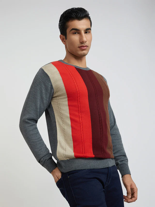 Men Grey Structure Cable Acrylic Wool Blend Round Collar Sweaters - Image 2