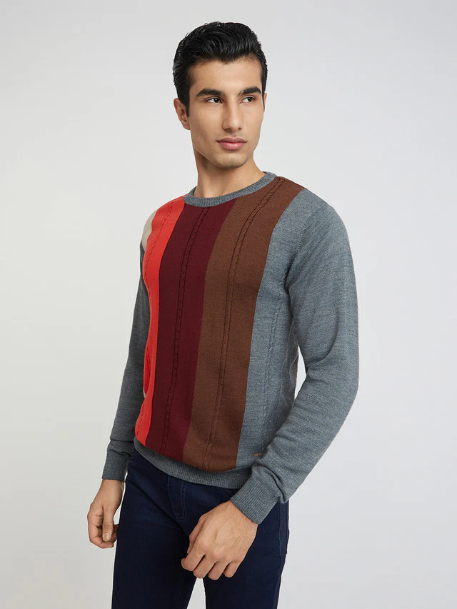 Men Grey Structure Cable Acrylic Wool Blend Round Collar Sweaters - Image 3