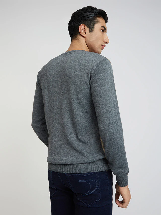 Men Grey Structure Cable Acrylic Wool Blend Round Collar Sweaters - Image 4