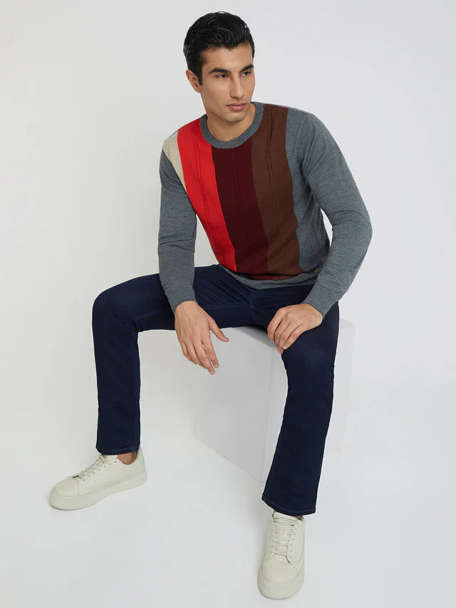 Men Grey Structure Cable Acrylic Wool Blend Round Collar Sweaters - Image 5
