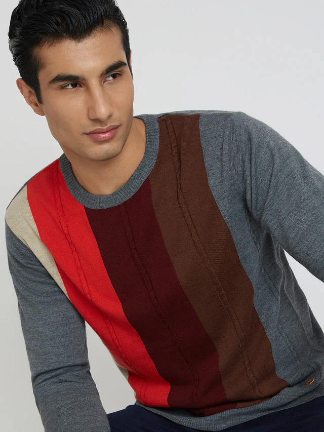 Men Grey Structure Cable Acrylic Wool Blend Round Collar Sweaters - Image 6